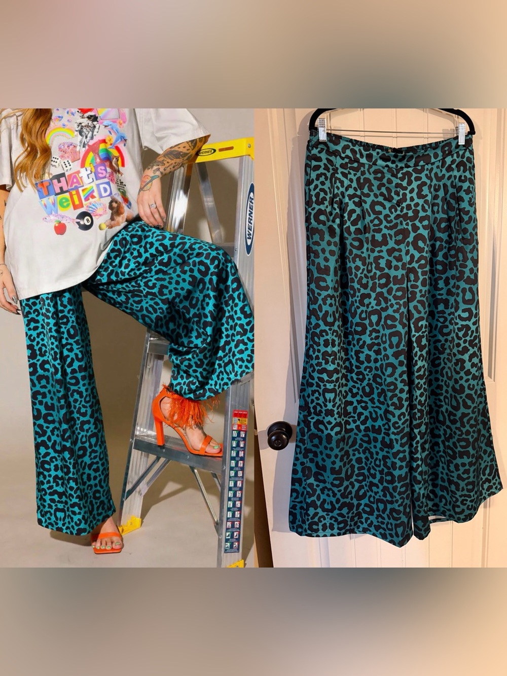 Teal Leopard Wide-Leg Satin Pants